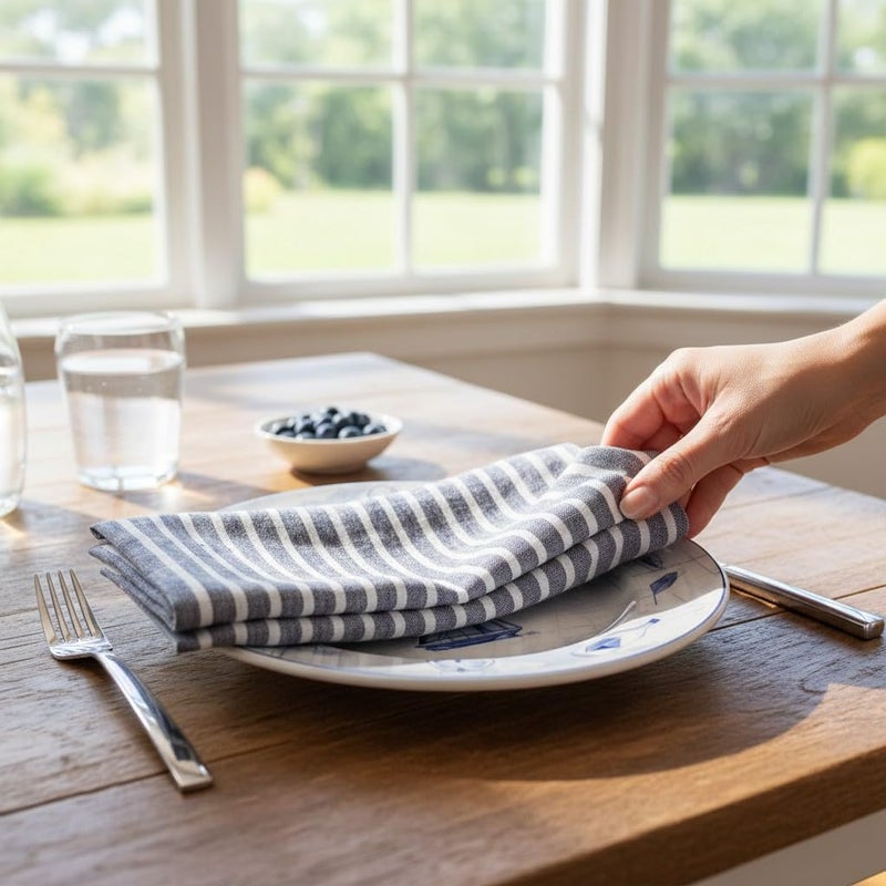 Eight Owls Linen Napkins â€“ Stonewashed Pure Linen Stripe Cloth Dinner Napkins â€“ Created from French Flax - Mitered Corners â€“ Set of 4 (Navy Blue/White Stripe) - Image 2